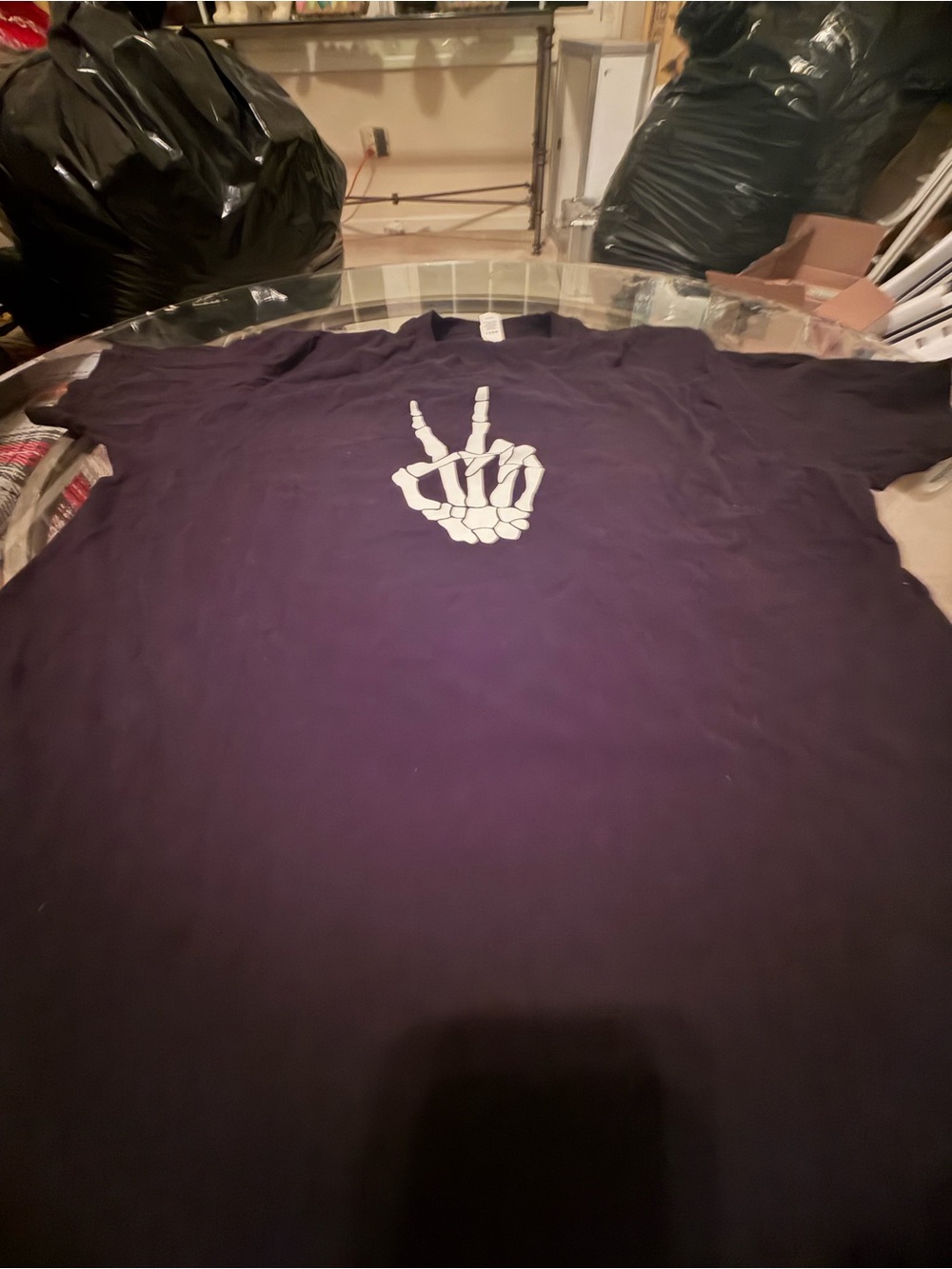 Black Graphic Tee with Skeleton Peace Hand